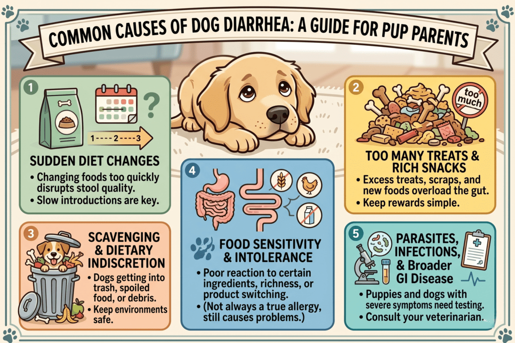 Common causes of dog diarrhea infographic showing sudden diet changes, too many treats, scavenging, food sensitivity, parasites, infections, and GI disease.