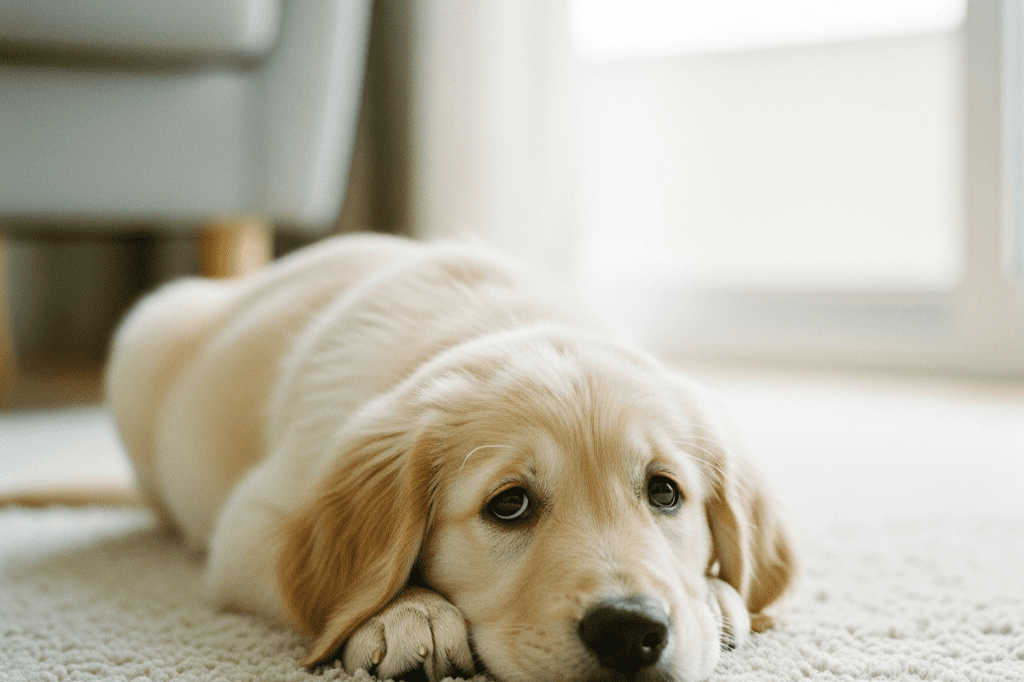 Dog diarrhea warning signs with a sad golden retriever puppy lying on a soft rug, helping dog parents know when to monitor symptoms or call a veterinarian.
