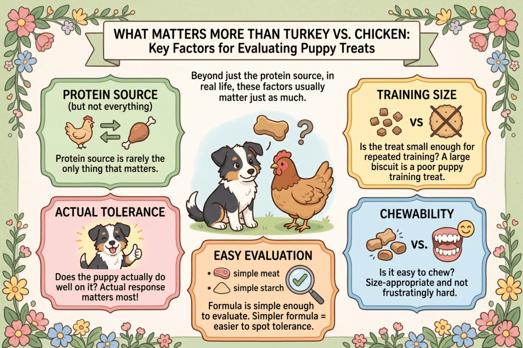 An educational Superfood Science infographic titled What Matters More Than Turkey vs. Chicken: Key Factors for Evaluating Puppy Treats. In the center, a puppy looks thoughtfully at a chicken and a bone. Five surrounding panels detail evaluation factors. The top left panel notes that protein source is rarely the only thing that matters. The bottom left panel emphasizes actual tolerance, asking if the puppy actually does well on it. The top right panel highlights training size, stating a large biscuit is a poor puppy training treat compared to small ones used for repeated training. The bottom right panel focuses on chewability, ensuring the treat is size-appropriate and not frustratingly hard. The bottom center panel suggests easy evaluation with simple meat and simple starch, noting that a simpler formula makes it easier to spot tolerance.