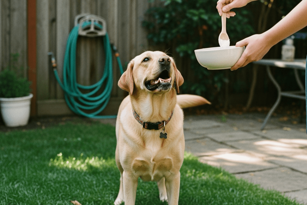 A cheerful yellow Labrador Retriever stands attentively on a lush green lawn in an expansive suburban backyard, staring up with excitement as a person prepares a bowl of food. The owner is using a wooden spoon to sprinkle a white powdered supplement into the dish, illustrating the active use of Superfood Science to enhance the dog's microbiome. This detailed scene captures the bond between a pet and owner focused on maintaining digestive stability and overall health through targeted nutrition.