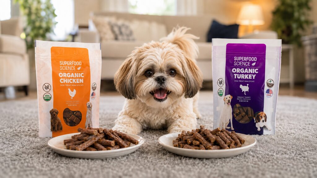 Excited Shih Tzu choosing between turkey dog treats and chicken dog treats for itchy dogs in a cozy home setting.