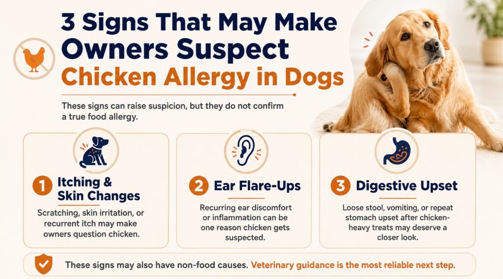 Infographic showing 3 signs that may make owners suspect chicken allergy in dogs including itching, ear flare-ups, and digestive upset