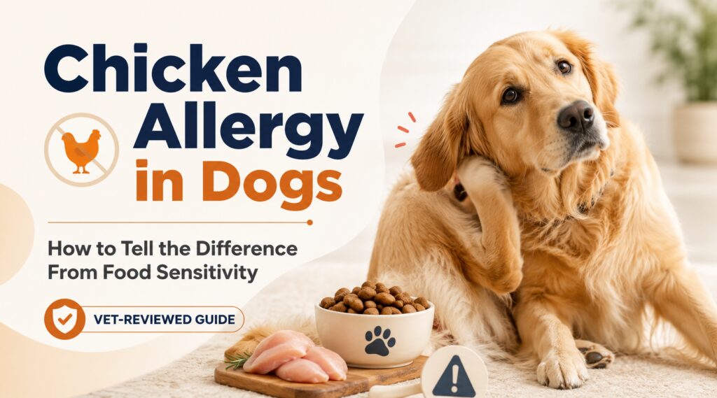 Chicken allergy in dogs guide showing a scratching dog, chicken ingredient warning, and food sensitivity comparison