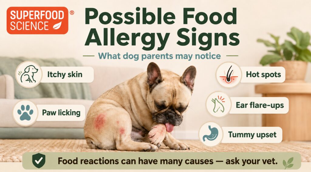 Grain-free dog food infographic showing possible food allergy signs in dogs with a French Bulldog licking a paw, plus itchy skin, hot spots, ear flare-ups, and tummy upset.