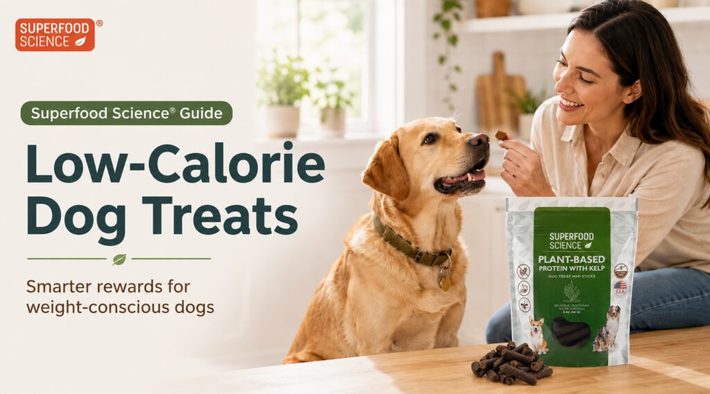 Low-calorie dog treats shown with Superfood Science Plant-Based Protein with Kelp dog treats and a happy dog in a bright kitchen.