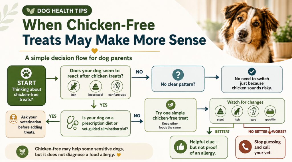 Chicken-free dog treats for sensitive dogs decision flow showing when to try a simple chicken-free treat and when to ask a veterinarian.