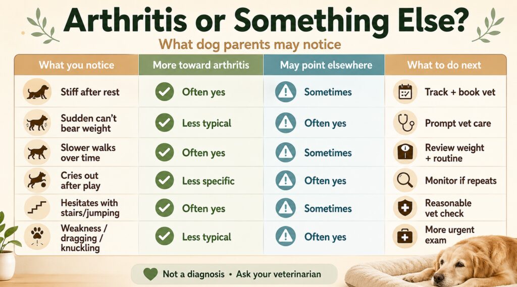 Arthritis in dogs decision table infographic showing signs that may point more toward arthritis versus other possible causes