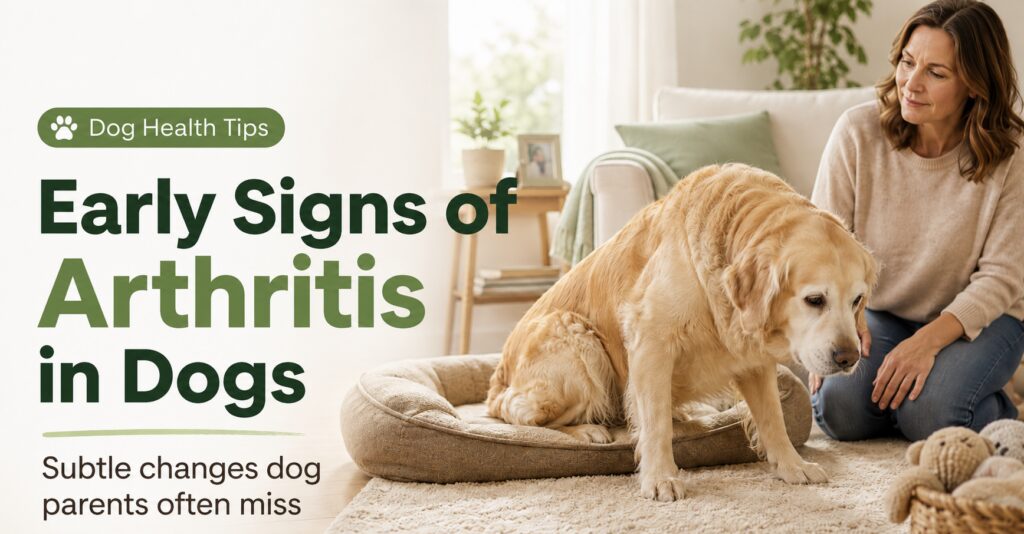 Arthritis in dogs shown by a senior dog slowly rising from rest while a caring dog parent watches for subtle mobility changes