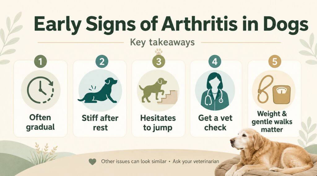 Arthritis in dogs infographic showing early signs such as stiffness after rest, hesitation to jump, and the need for a vet check