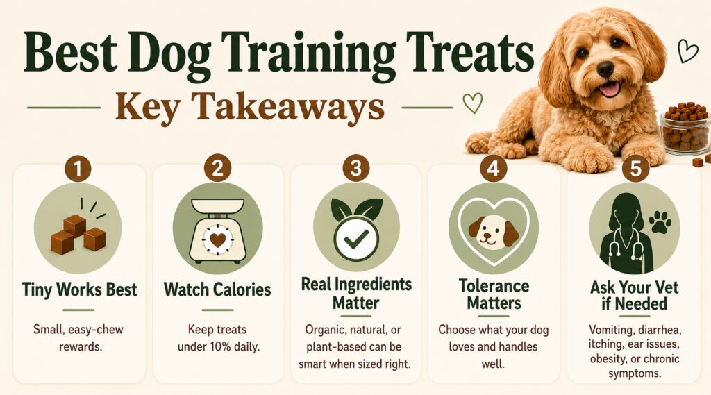 Best dog training treats infographic showing five key takeaways about tiny rewards, calorie control, real ingredients, tolerance, and when to ask a vet.