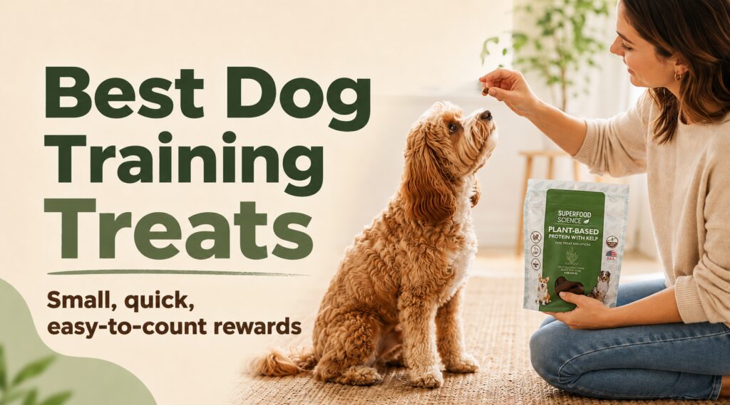 Best dog training treats shown with a dog parent rewarding a Cavapoo and holding Superfood Science Plant-Based Protein with Kelp dog treats.