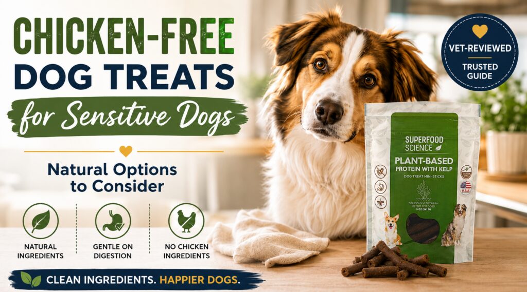 Chicken-free dog treats for sensitive dogs shown with Superfood Science Plant-Based Protein with Kelp treats beside a happy dog in a bright kitchen.