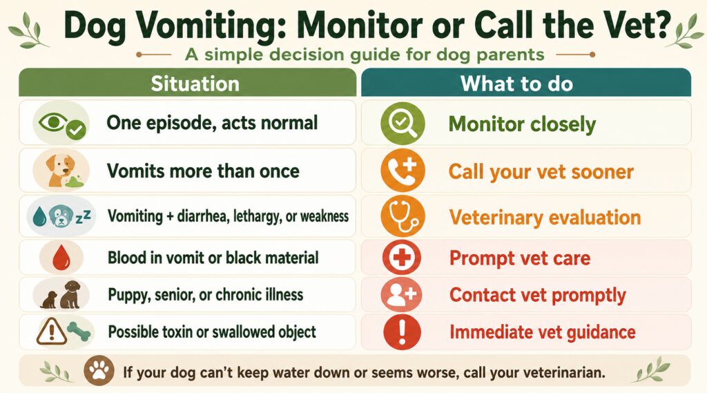 Dog keeps vomiting decision table infographic showing when to monitor at home and when to call the vet