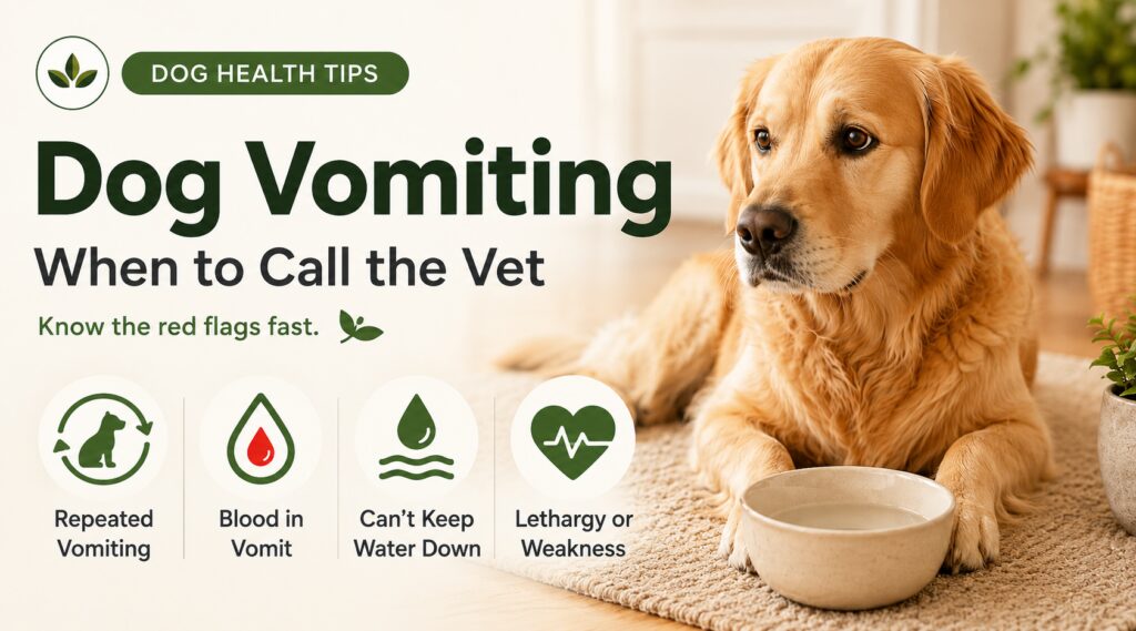 Dog keeps vomiting hero image showing a calm dog near a water bowl with red flag icons for when to call a vet