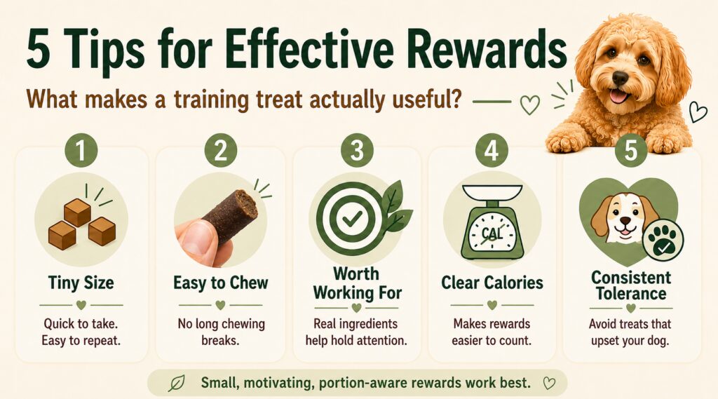 Best dog training treats visual aid showing five tips for effective rewards, including tiny size, easy chewing, real ingredients, clear calories, and consistent tolerance.