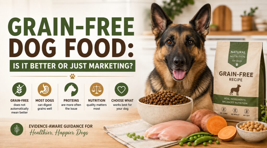 German Shepherd beside grain-free dog food and ingredients for a grain-free dog food guide about nutrition quality and label claims.