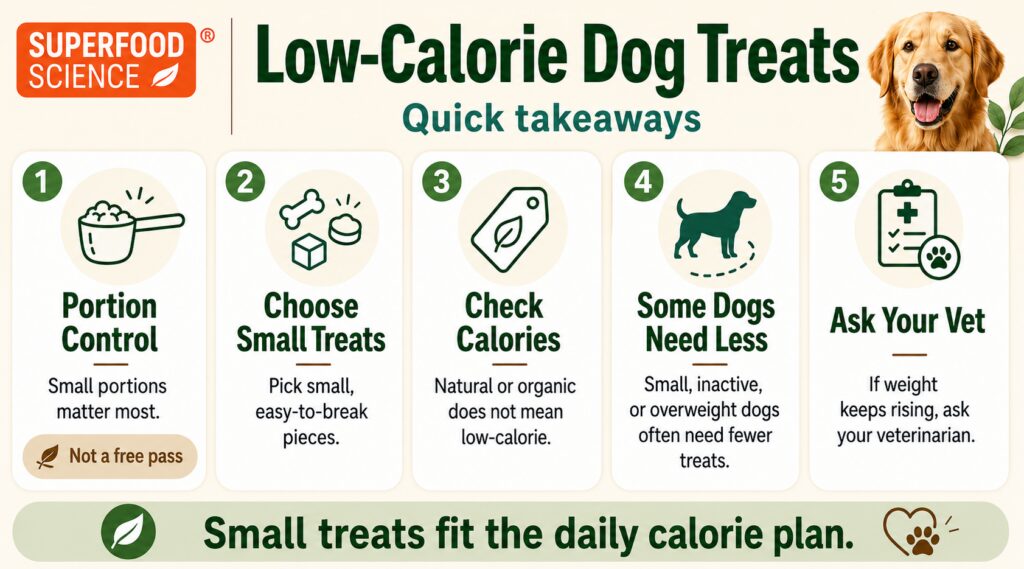 Low-calorie dog treats key takeaways showing portion control, small treats, label awareness, and vet guidance for weight-conscious dogs.