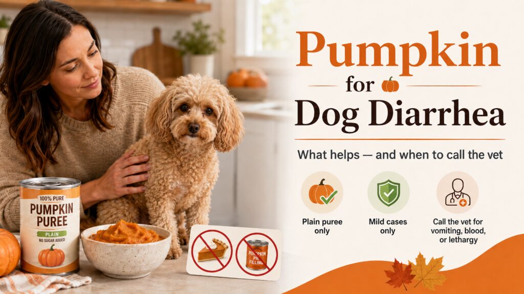 Pumpkin for dog diarrhea guide showing a dog parent with a small poodle mix, plain pumpkin puree, and vet-safety reminders in a bright kitchen.