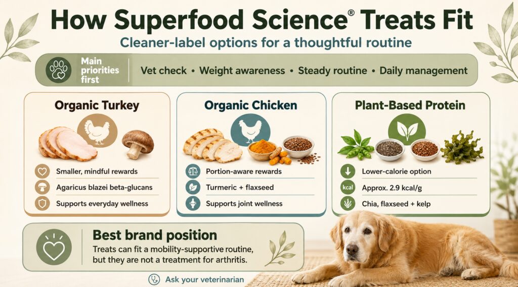 Superfood Science dog treats infographic showing cleaner-label options that can fit a thoughtful routine for arthritis in dogs