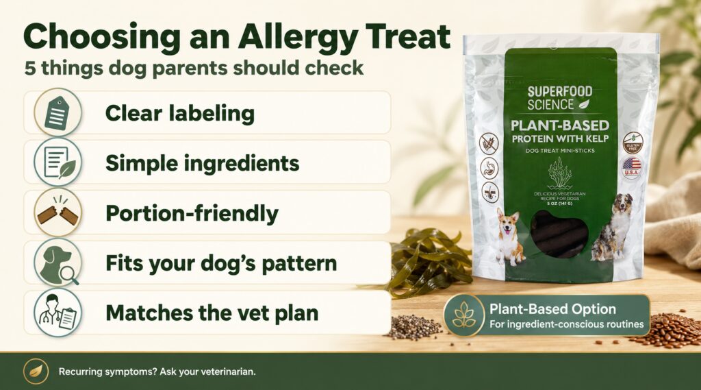 Allergy treats for dogs buying checklist featuring Superfood Science Plant-Based Protein With Kelp Dog Treat Mini-Sticks.