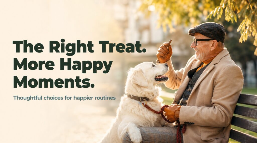 Happy dog parent rewarding his dog with one of the right allergy treats for dogs during a relaxing park visit.
