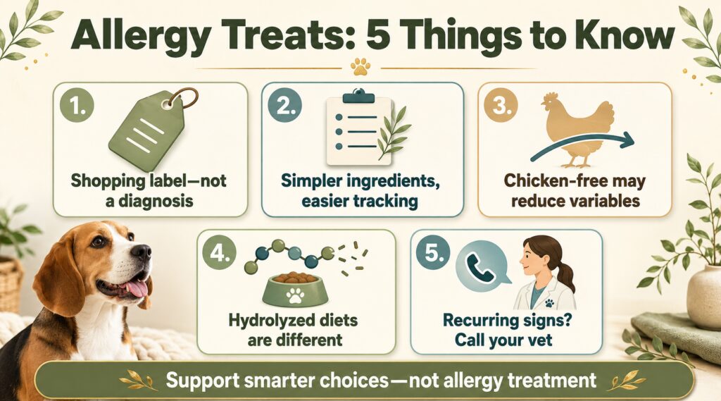 Allergy treats for dogs infographic explaining simple ingredients, chicken-free options, hydrolyzed diets, and when to call a veterinarian.