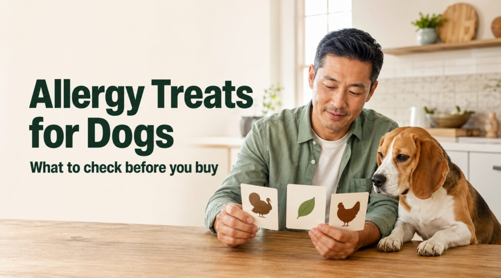Allergy treats for dogs being compared by a dog parent using simple turkey, chicken, and plant-based ingredient cards.