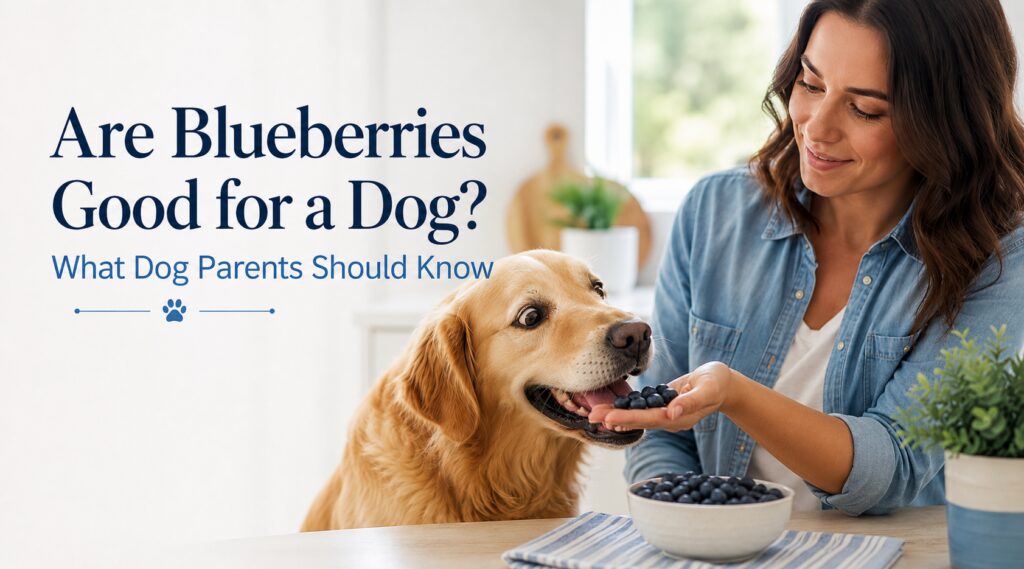 Happy golden retriever about to eat a few blueberries from a dog parent’s open palm.
