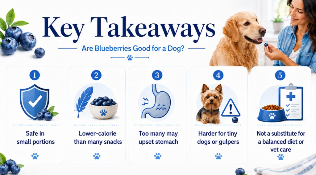 Infographic showing five blueberry safety tips for dogs, including small portions, lower calories, stomach upset risk, choking concerns, and balanced-diet guidance.