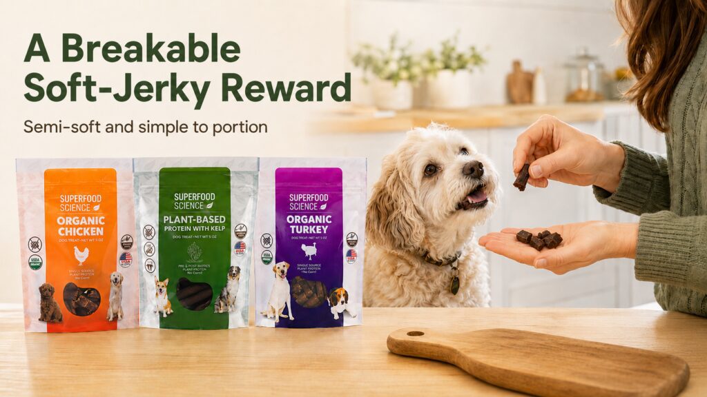 Senior dog receiving breakable soft jerky treats beside Superfood Science semi-soft dog treat varieties