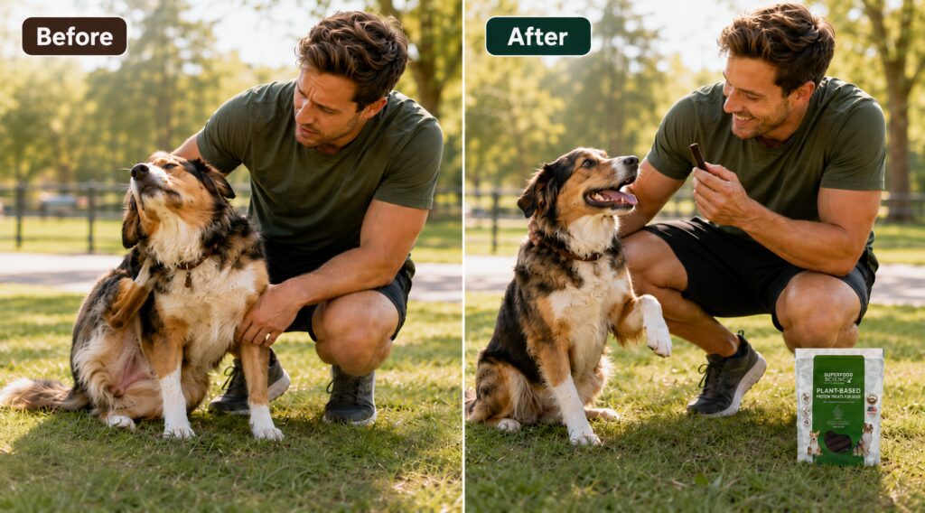 Small dog scratching beside a concerned owner, followed by the same dog playfully responding to a Superfood Science® plant-based dog treat.