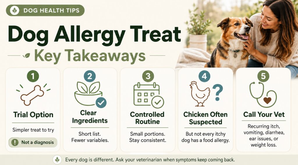 Dog allergy treat infographic explaining trial options, clear ingredients, controlled routines, commonly suspected chicken, and when to call a veterinarian.