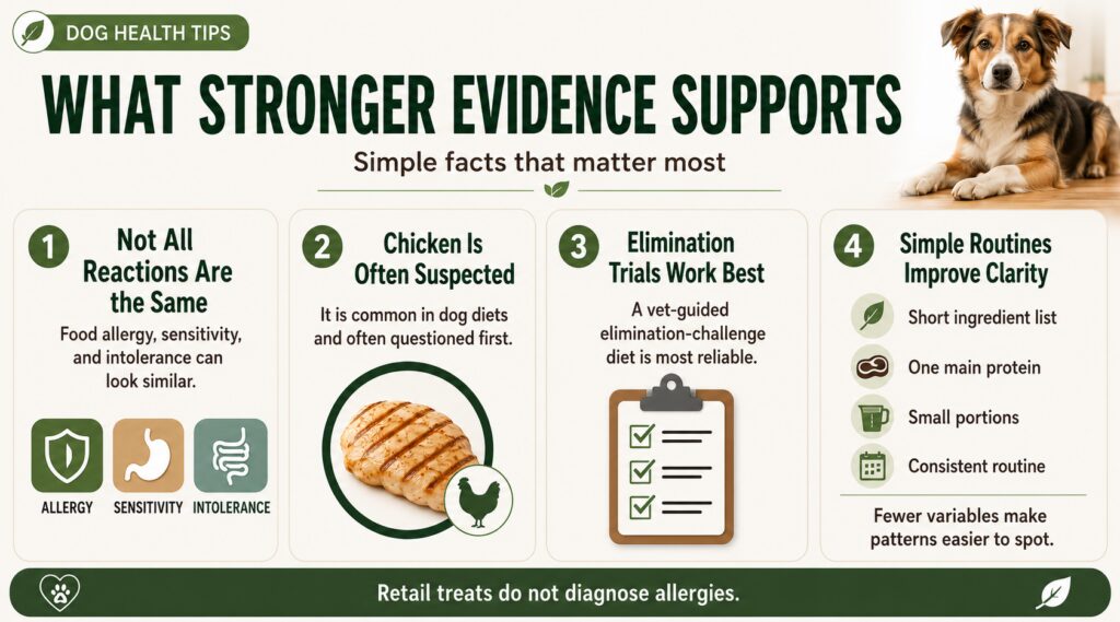 Dog allergy treat infographic explaining food reactions, commonly suspected chicken, elimination trials, and simple feeding routines.