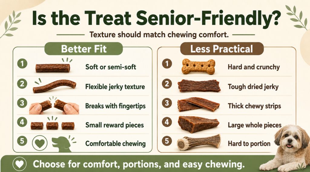 Senior-friendly soft dog treats compared with hard biscuits, tough jerky, and large difficult-to-portion treats