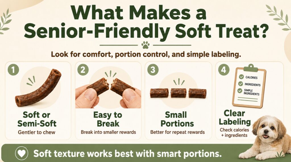 Senior-friendly soft dog treats shown as semi-soft, easy to break, portionable, and clearly labeled