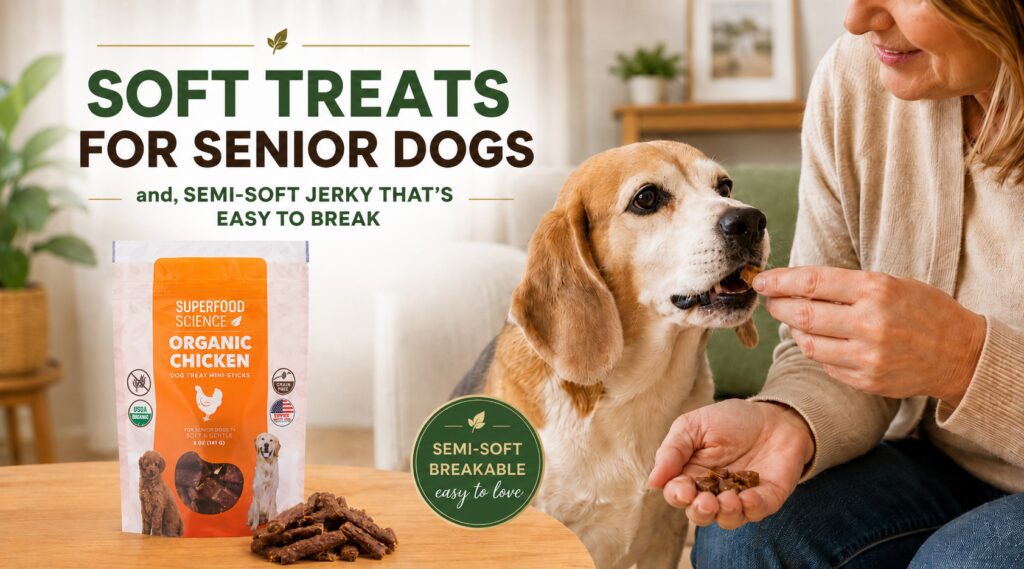 Senior dog receiving soft dog treats beside Superfood Science semi-soft jerky mini-sticks