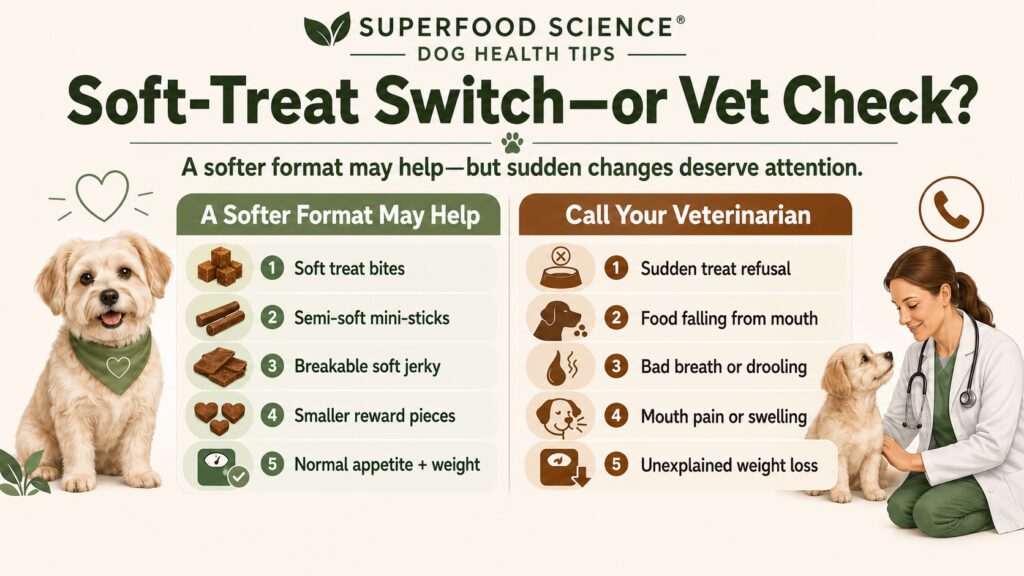 Soft dog treats for senior dogs compared with warning signs that should prompt a veterinary check