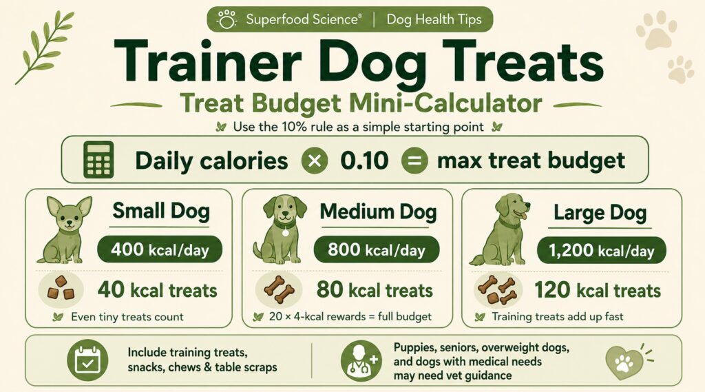 Trainer dog treats calorie calculator showing the 10% rule and daily treat budgets for small, medium, and large dogs.