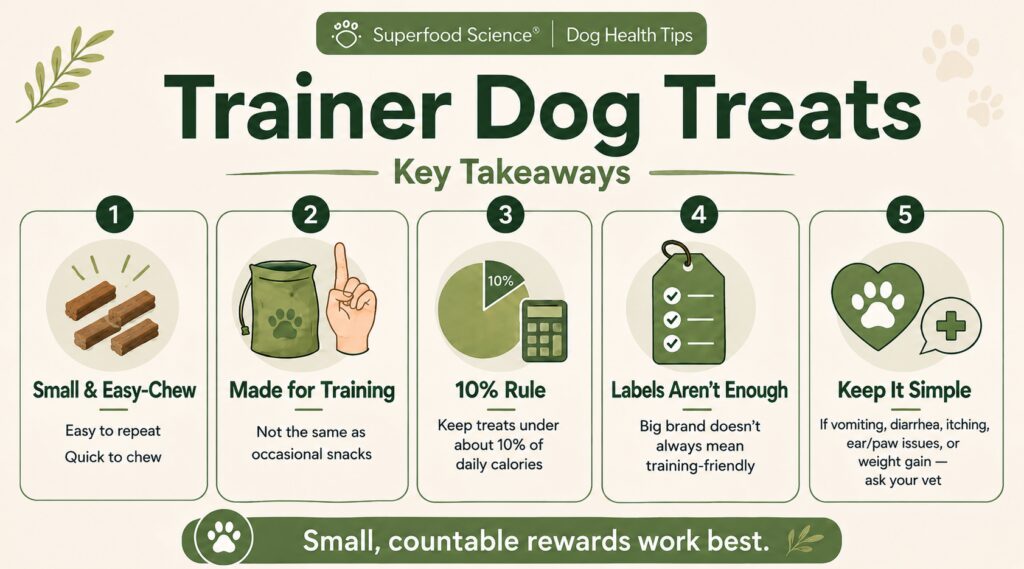 Trainer dog treats infographic showing small easy-chew mini-sticks, the 10% calorie rule, training suitability, and when to ask a veterinarian.