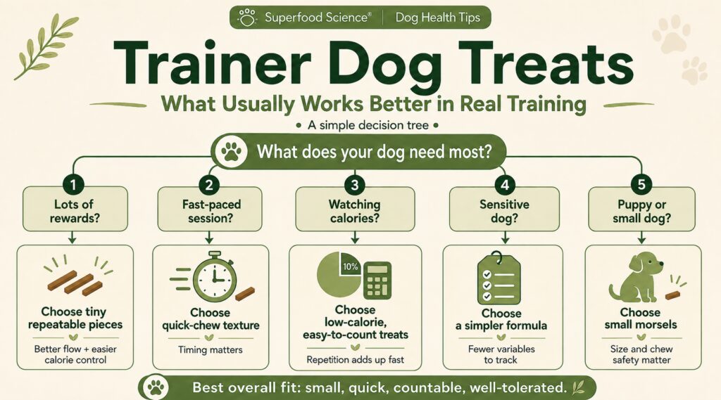 Trainer dog treats decision tree showing small sticks, quick-chew texture, calorie awareness, simpler formulas, and small-dog treat sizing.
