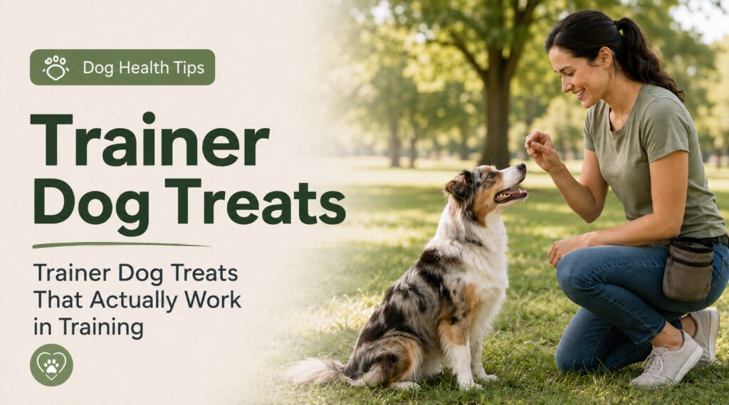Dog trainer rewarding an attentive dog with tiny trainer dog treats during an outdoor training session in a park.