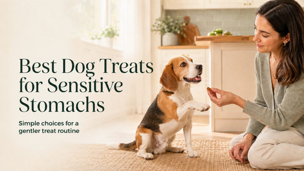 Beagle learning a paw-shake trick while receiving one of the best dog treats for sensitive stomachs.