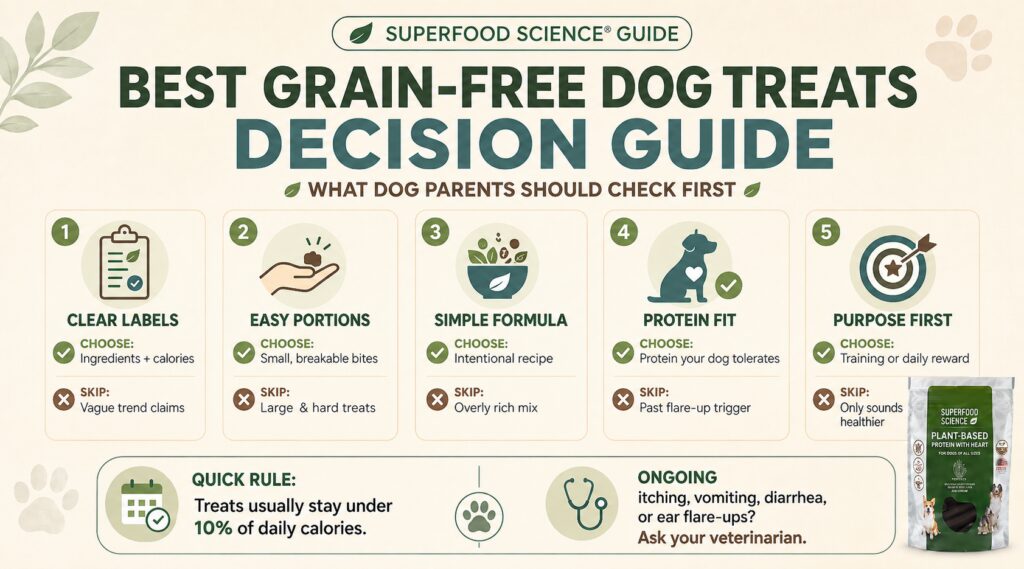 Best grain-free dog treats decision guide comparing clear labels, easy portions, simple formulas, protein fit, and treat purpose
