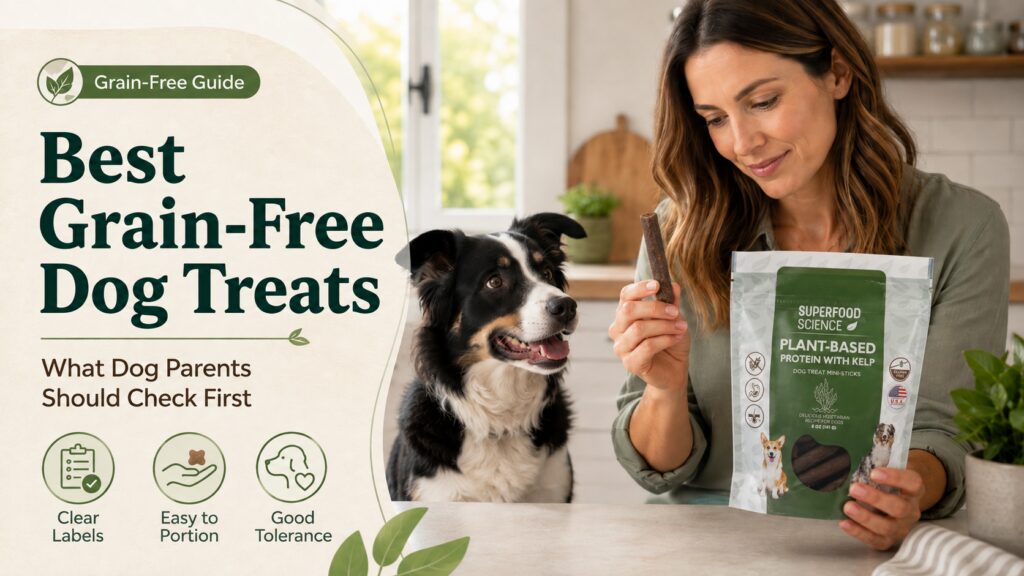Dog parent holding Superfood Science plant-based mini-stick while comparing the best grain-free dog treats with her dog