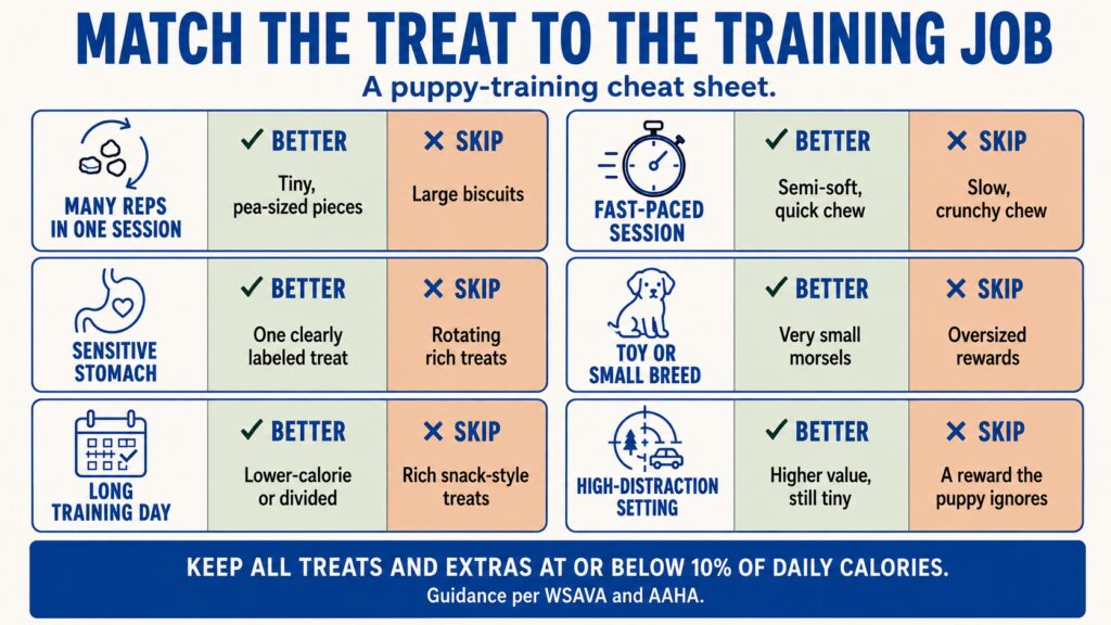 Best puppy training treats cheat sheet matching six puppy-training situations to better and worse treat choices, with a 10% daily calorie reminder.