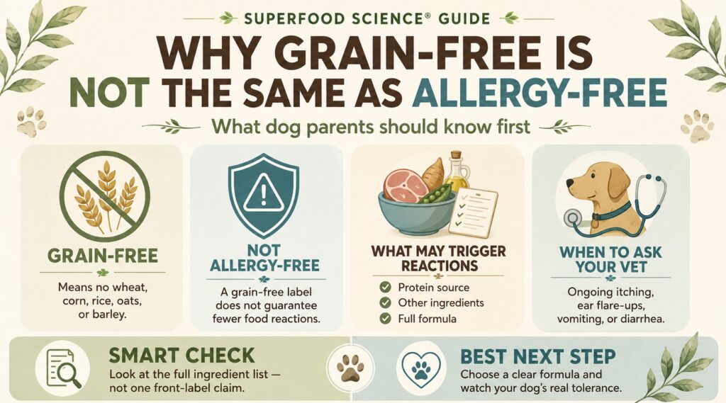 Infographic explaining why grain-free dog treats are not allergy-free and how proteins, ingredients, and the full formula may affect tolerance