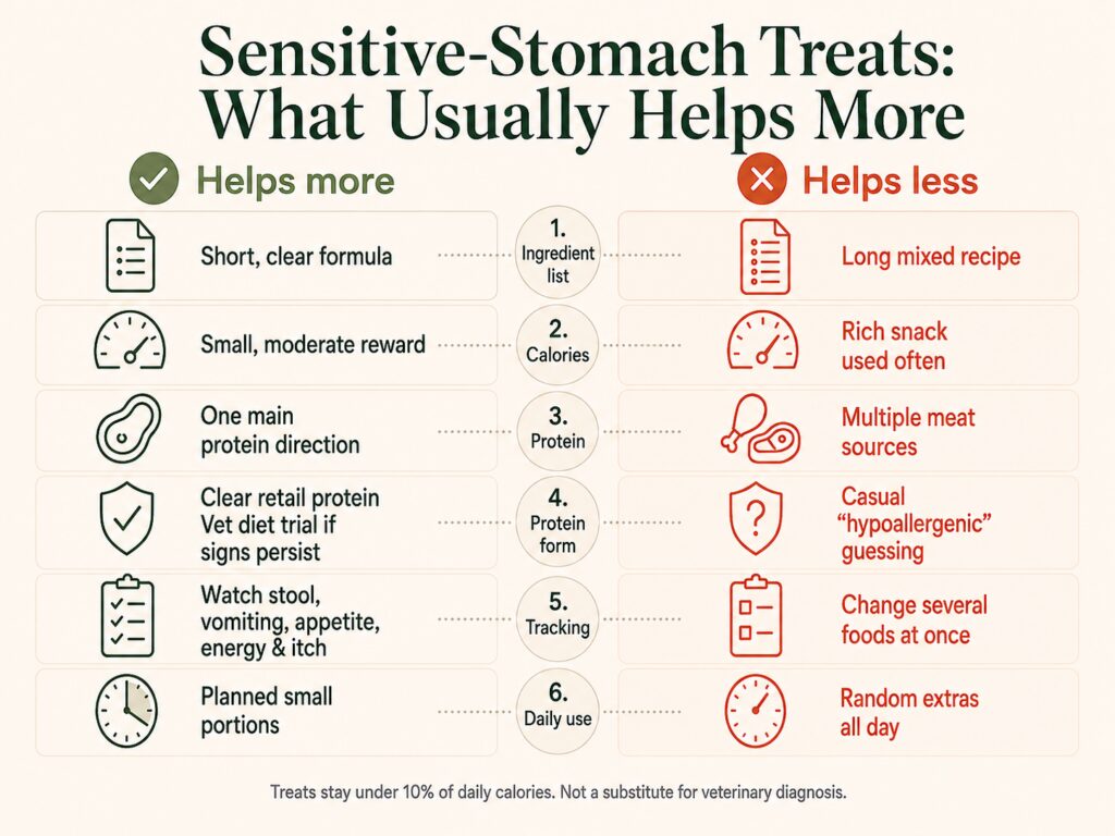 Infographic comparing dog treat features that help more versus help less for sensitive stomachs.
