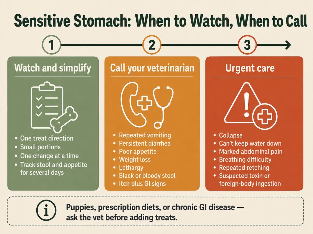 Infographic showing when to watch a dog’s sensitive stomach at home versus when to call a veterinarian.