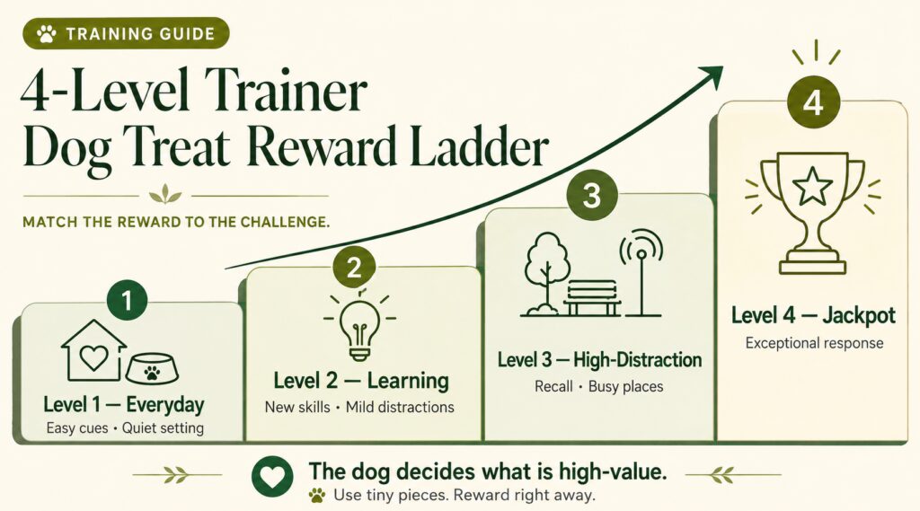 Four-level trainer dog treat reward ladder showing everyday, learning, high-distraction, and jackpot rewards.
