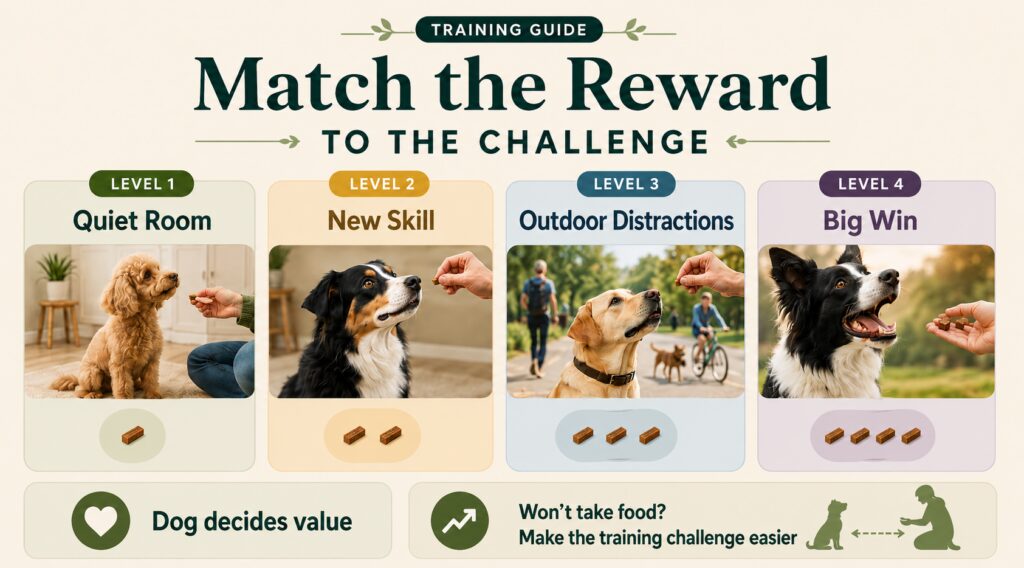 Trainer dog treats matched to quiet-room practice, new skills, outdoor distractions, and big training wins.